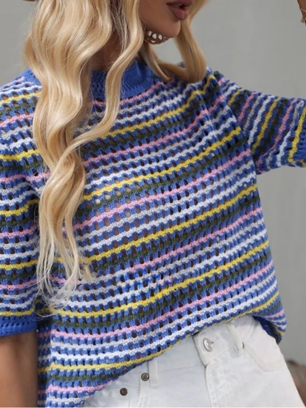 Striped Knit Crewneck Sweater in Blue Multi